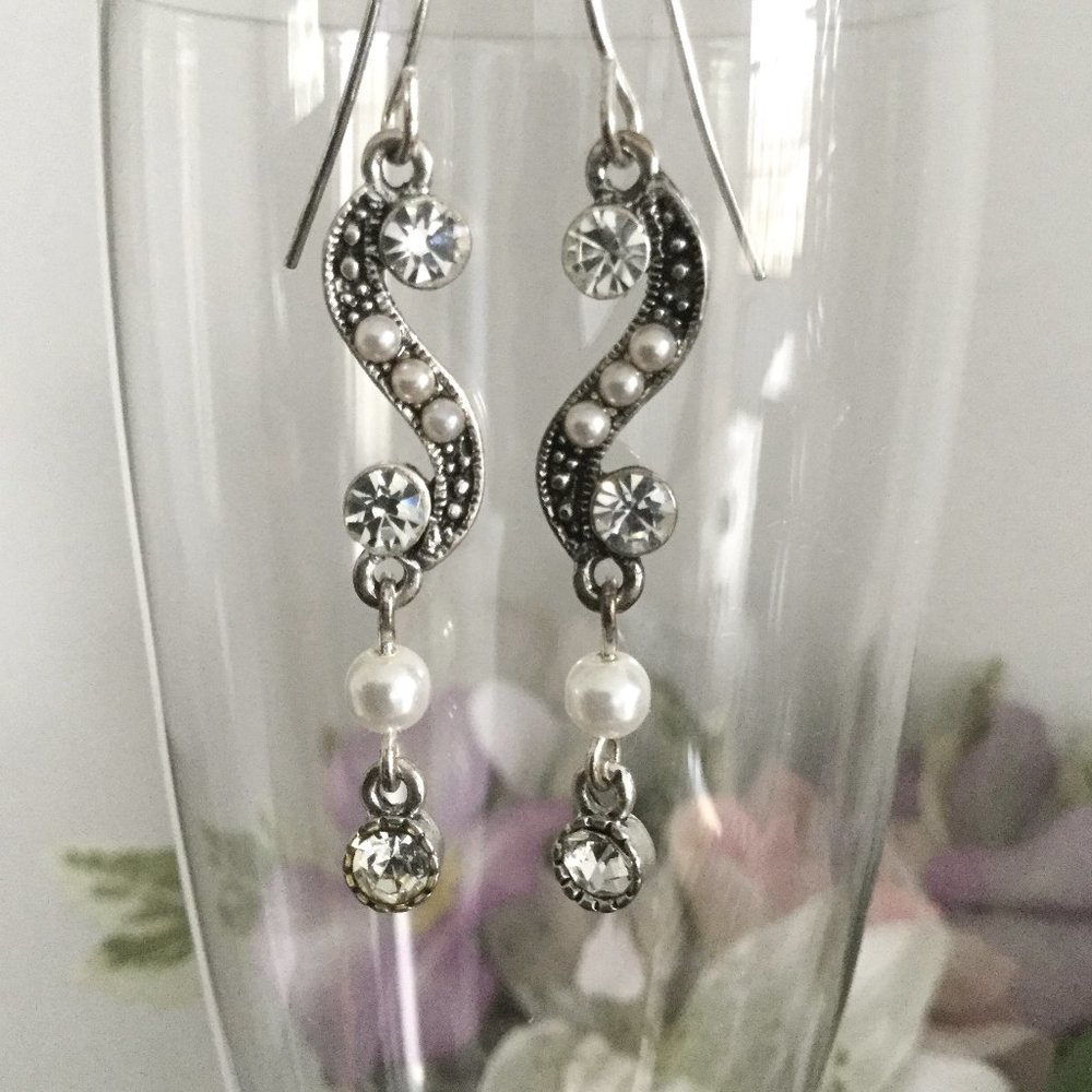 Silver Rhinestone Pearl Earrings